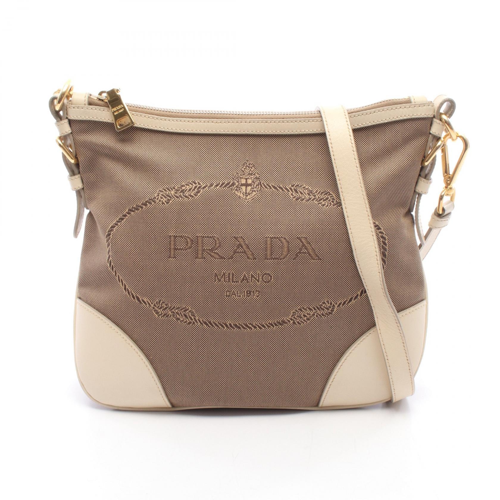 プラダ PRADA LOGO JACQUARD ロゴジャガード ショルダーバッグ バッグ キャンバス レザー レディース ベージュ系 / アイボリー系 BT0867 【中古】