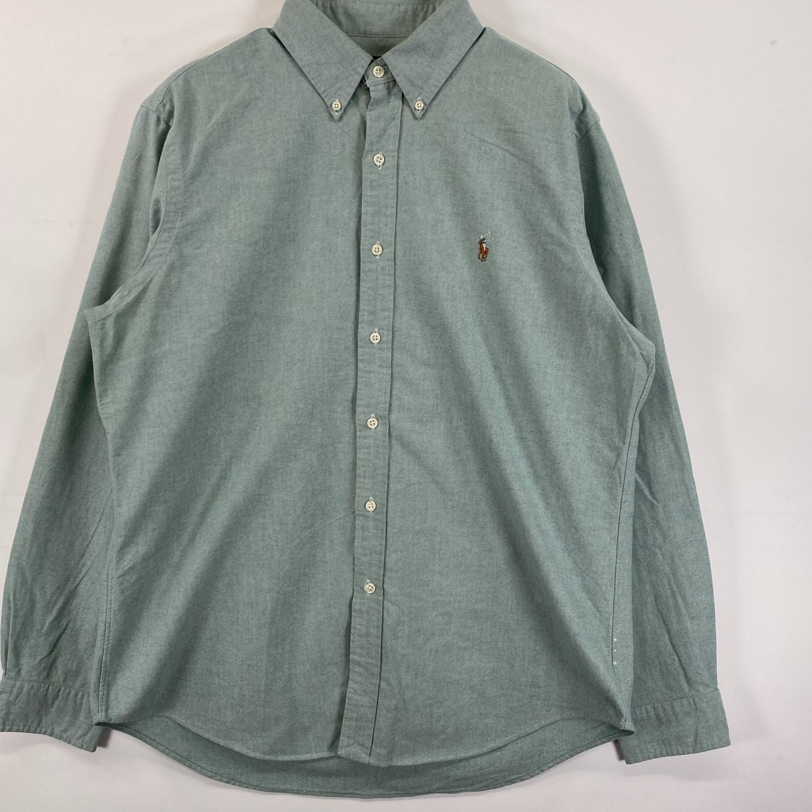古着 ラルフローレン RALPH LAUREN 長袖シャツ ボタンダウン ロゴ刺繍 ワンポイント L  グリーン 無地 メンズ