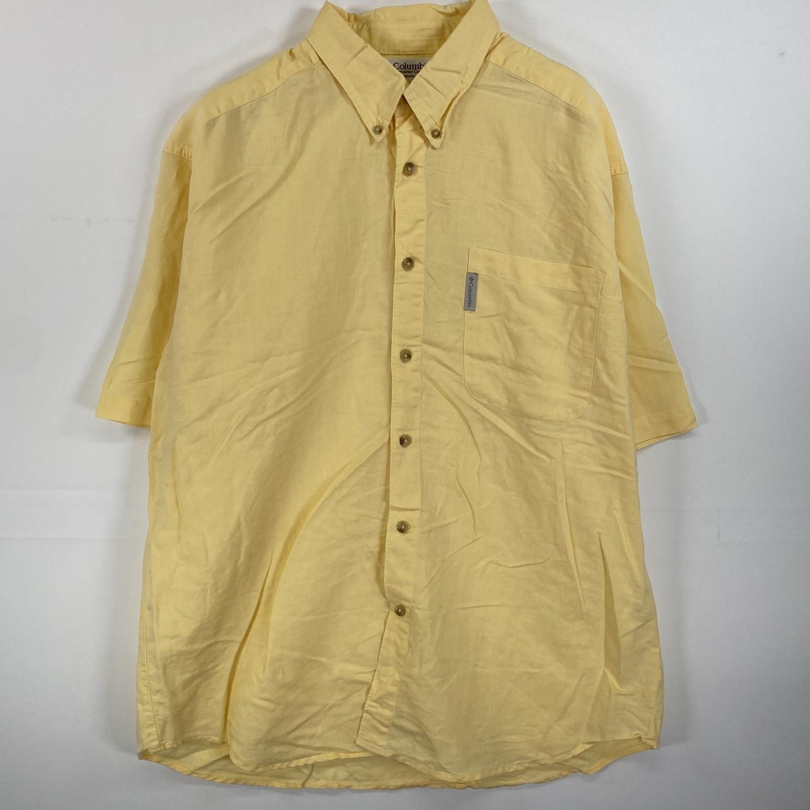 古着 コロンビア Columbia 半袖シャツ ボタンダウン 胸ポケット ワンポイントロゴ L イエロー 無地 メンズ