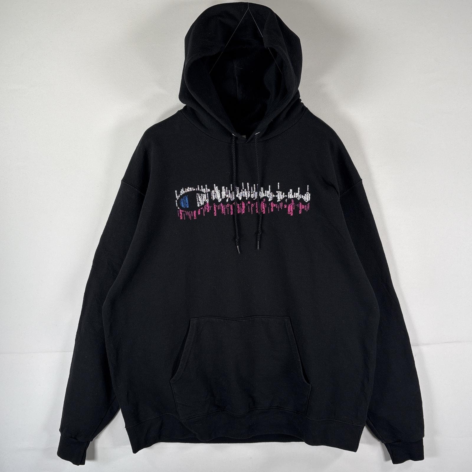 古着 チャンピオン Champion パーカー スウェット 大きいサイズ ビッグロゴプリント ワッペン フーディ XL  ブラック メンズ