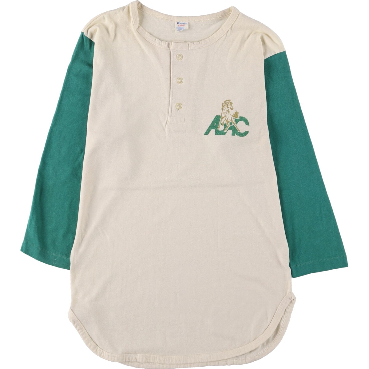 古着 80年代 チャンピオン Champion 七分袖 トリコタグ ヘンリーネック ロゴプリントTシャツ USA製 メンズL相当 ヴィンテージ/eaa579960