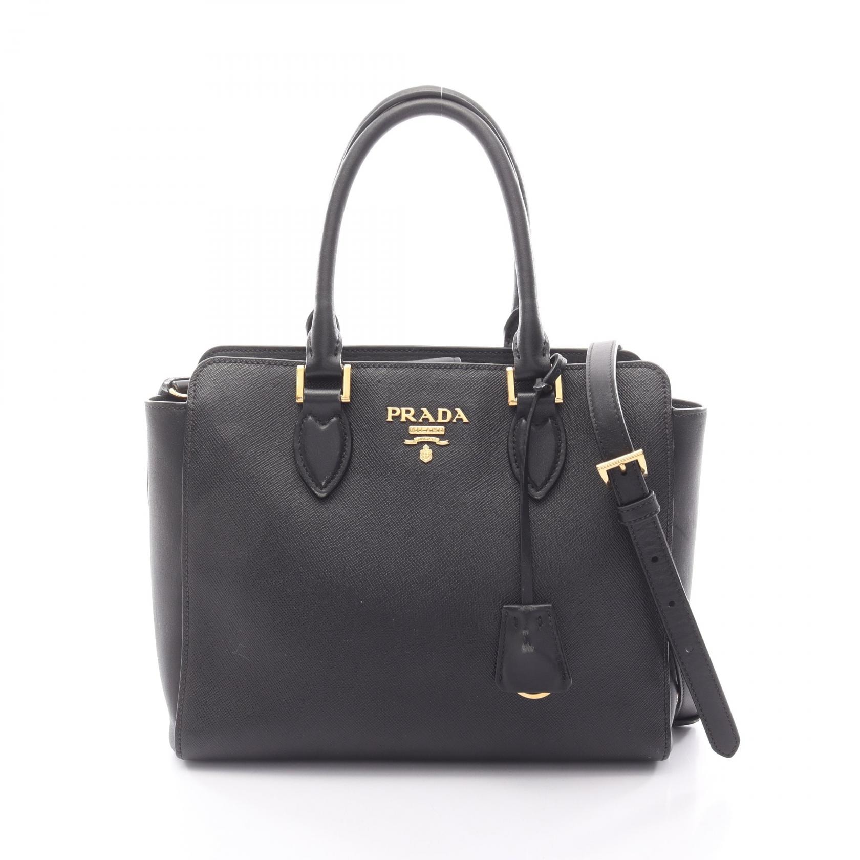 プラダ PRADA SAFFIANO +SOFT CALF 2WAY ハンドバッグ バッグ サフィアーノレザー レディース ブラック系 【中古】