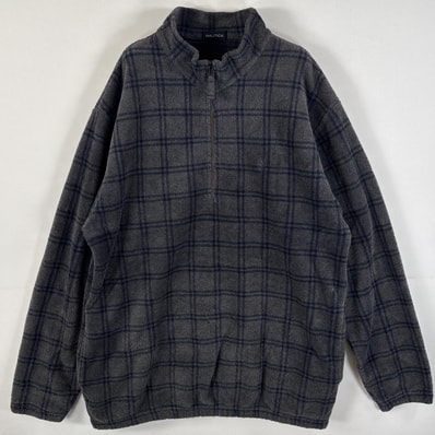 古着 ノーティカ NAUTICA フリースジャケット ハーフジップ ワンポイント刺繍ロゴ サイドポケット ビッグサイズ グレー ネイビー メンズ