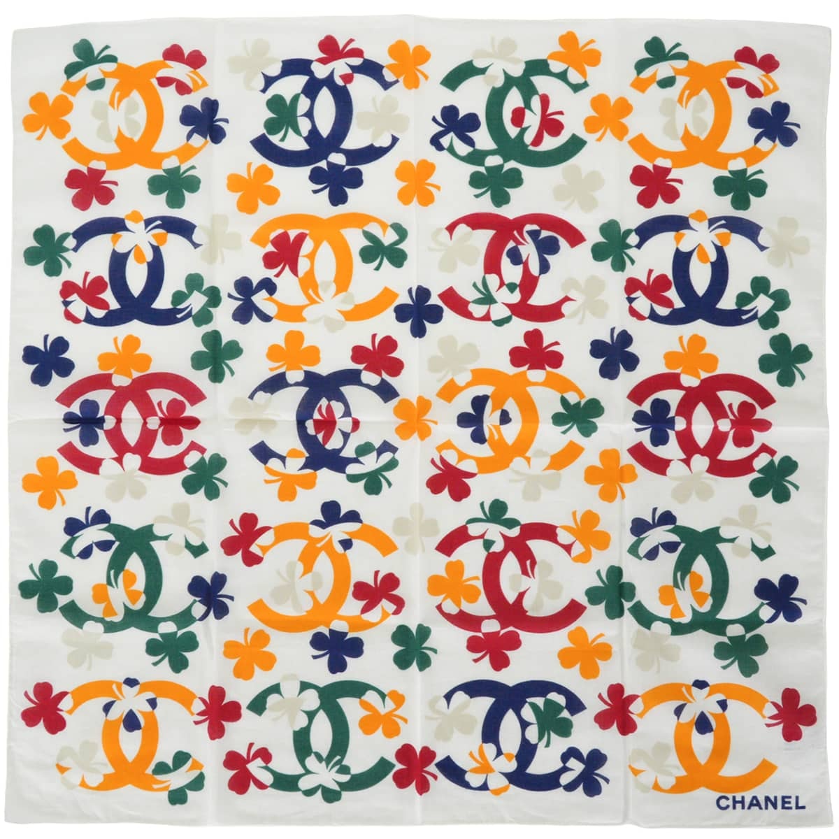【渋谷並木橋店】CHANEL シャネル スカーフ バンダナ スカーフ ココマーク ロゴ クローバー アイボリー/マルチカラー コットン 新品未使用
