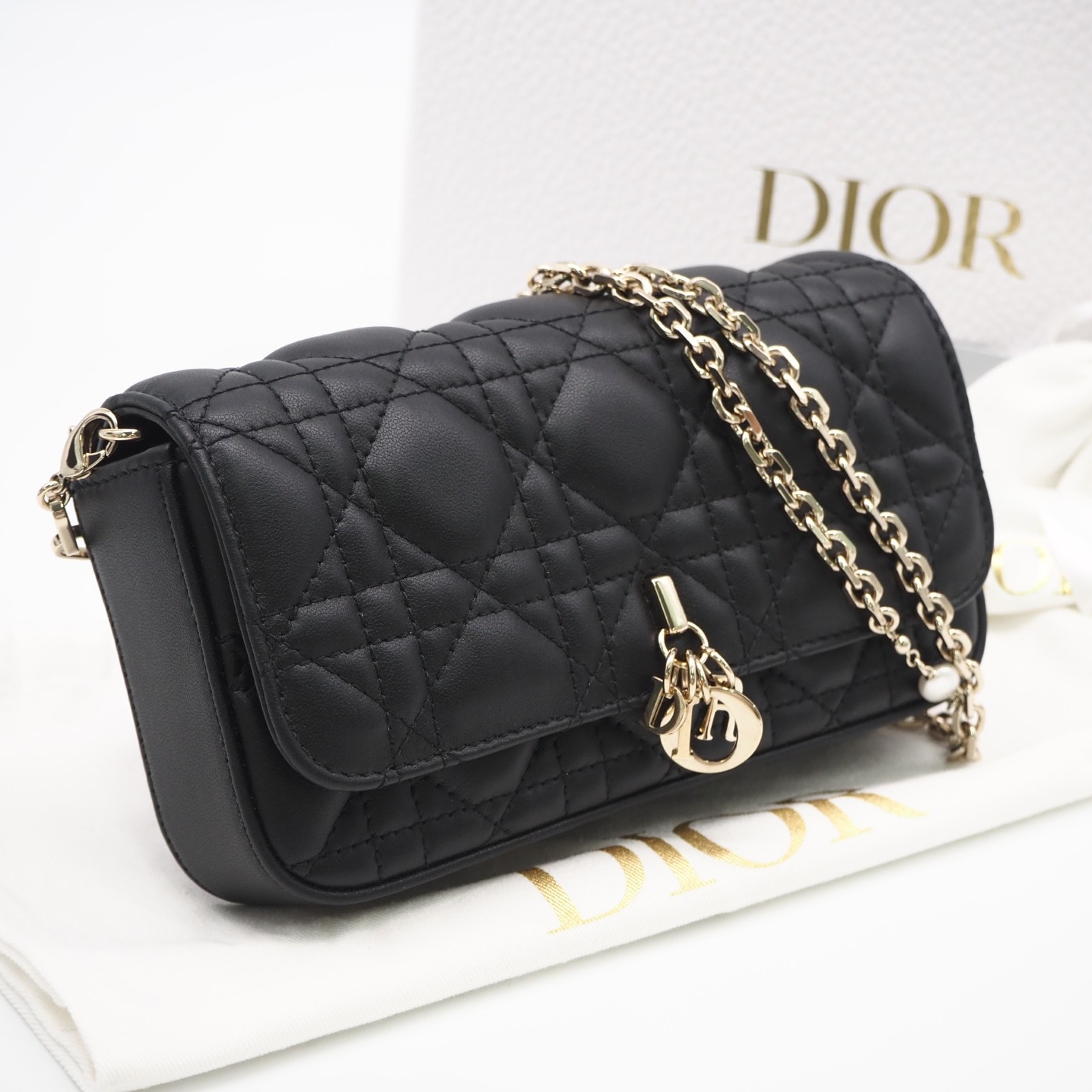 極美品 Christian Dior クリスチャンディオール カナージュ ラムスキン My Dior - Dior Talk フォンバッグ S0977ONMJ 2wayショルダーバッグ ブラック ラムスキン レディース