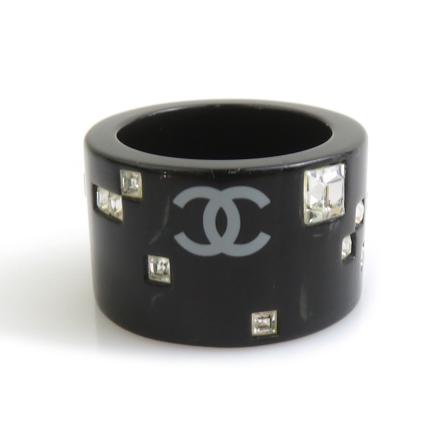 シャネル CHANEL リング・指輪 ココマーク レジン/ラインストーン ブラック/ホワイト/シルバー レディース 13号【中古】 e62408a