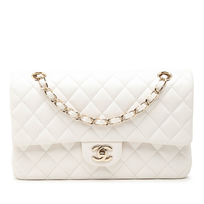 シャネル ココマーク マトラッセ25 ダブルフラップ チェーン ショルダーバッグ ホワイト キャビアスキン レディース CHANEL 【中古】