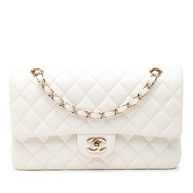シャネル ココマーク マトラッセ25 ダブルフラップ チェーン ショルダーバッグ ホワイト キャビアスキン レディース CHANEL 【中古】