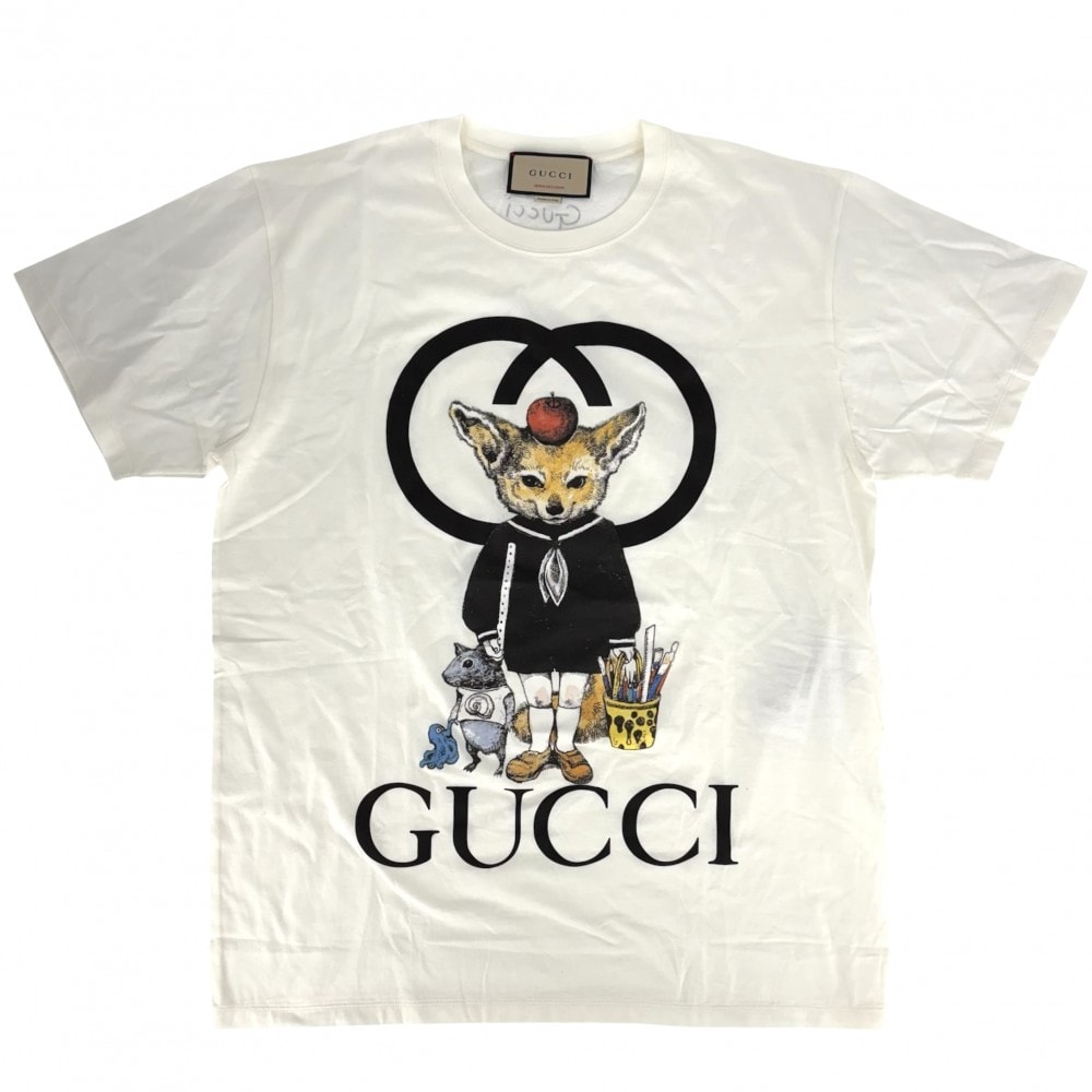 GUCCI グッチ 半袖Tシャツ ヒグチユウコ ロゴプリントクルーネックTシャツ トップス アパレル 日本限定 服 M 548334 アイボリー ブラック 黒 コットン メンズ 春 夏 美品【中古品】
