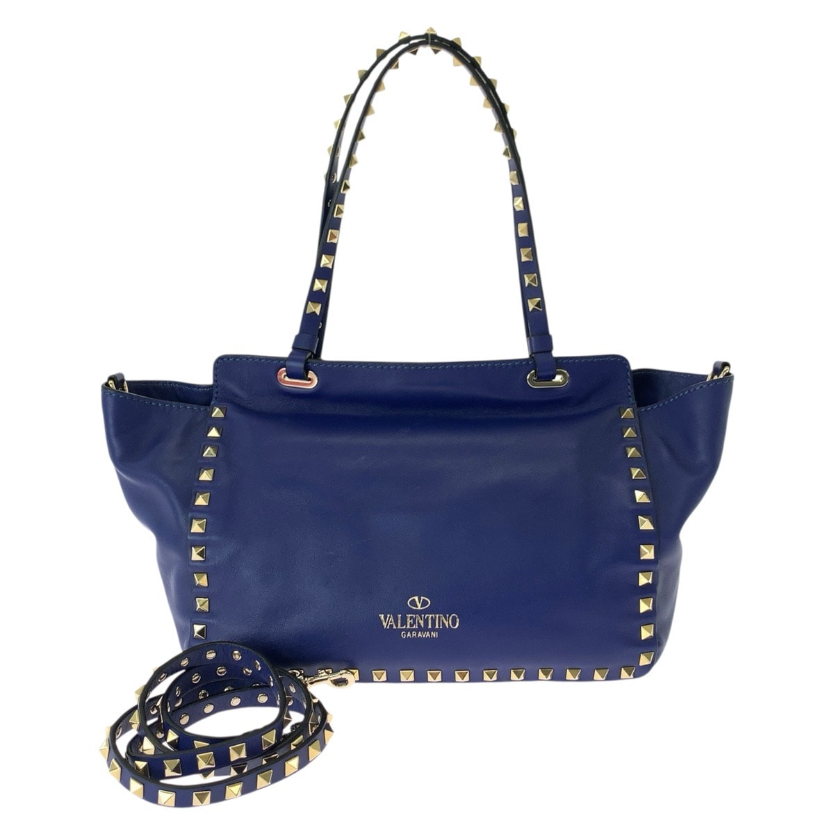 VALENTINO ヴァレンティノ ロックスタッズ 2way ブルー ゴールド金具 レザー トートバッグ ショルダーバッグ 1-0287693 【中古】