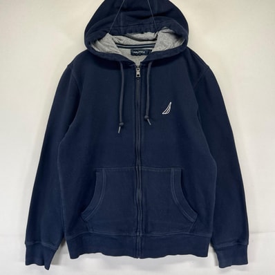 古着 ノーティカ NAUTICA パーカー フルジップ ワンポイント刺繍ロゴ 裏起毛 スウェット S ネイビー系 メンズ