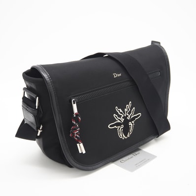 美品 Dior ディオール BEEパッチ ナイロン ショルダーバッグ 1PFME092-YCAH03E ショルダーバッグ ブラック ホワイト キャンバス レザー メンズ