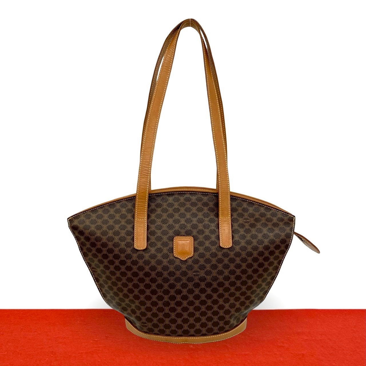 CELINE セリーヌ マカダム ブラゾン トリオンフ 柄 レザー PVC トートバッグ ブラウン
 04916