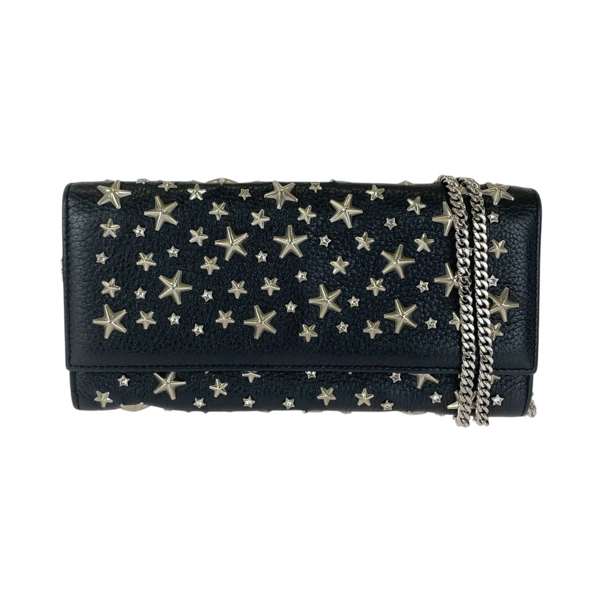 美品 JIMMY CHOO ジミーチュウ スタースタッズ ブラック 黒 シルバー金具 レザー 長財布 チェーンウォレット ロングウォレット 1-0256215 【中古】