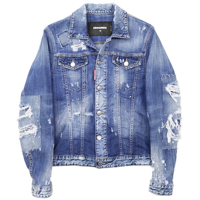 【美品】DSQUARED2 ディースクエアード ストレッチデニムジャケット シグネチャー ロゴ ボタン 赤タブ ダメージ&ブリーチ加工 クラッシュ パッチワーク ジージャン アウター メンズ サイズ 44 インディゴ イタリア製