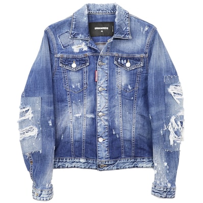 【美品】DSQUARED2 ディースクエアード ストレッチデニムジャケット シグネチャー ロゴ ボタン 赤タブ ダメージ&ブリーチ加工 クラッシュ パッチワーク ジージャン アウター メンズ サイズ 44 インディゴ イタリア製