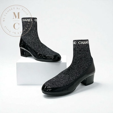 シャネル CHANEL ブーツ ショートブーツ 靴 シューズ パテント ファブリック ブラック シルバー ココマーク ラメ ソックスブーツ