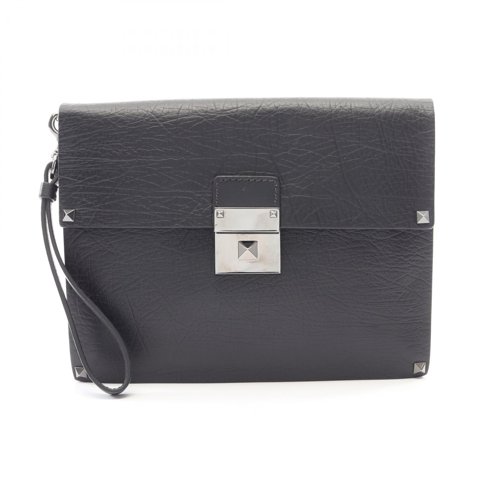 ヴァレンチノ Valentino ロックスタッズ セカンドバッグ クラッチバッグ バッグ レザー メンズ ブラック系 【中古】