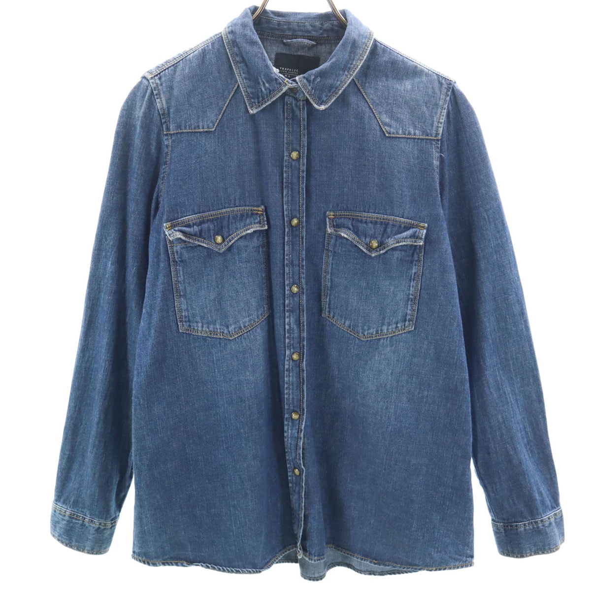 ZARA ザラ 長袖 シャンブレー ウエスタンシャツ S ネイビー系