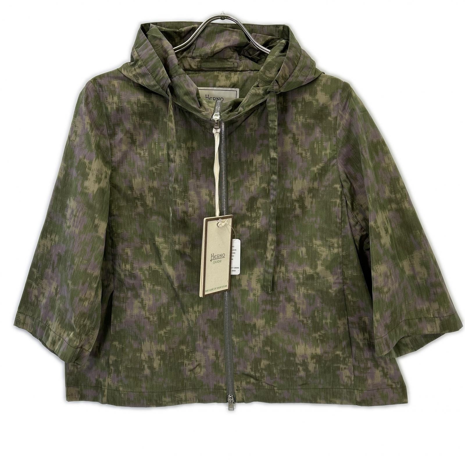 ヘルノ カーキ×パープル 総柄 七分袖 ナイロンブルゾンジャケット 44
