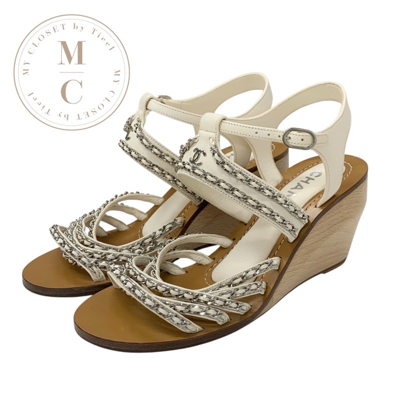 シャネル CHANEL サンダル 靴 シューズ レザー ホワイト 白 シルバー ココマーク チェーン ウェッジソール ウッド
