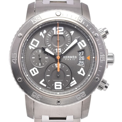 エルメス HERMES CP2.941 クリッパー ダイバー チタン/SS クロノグラフ デイト グレー 自動巻き メンズ 良品 保証書付き 腕時計 D#146202