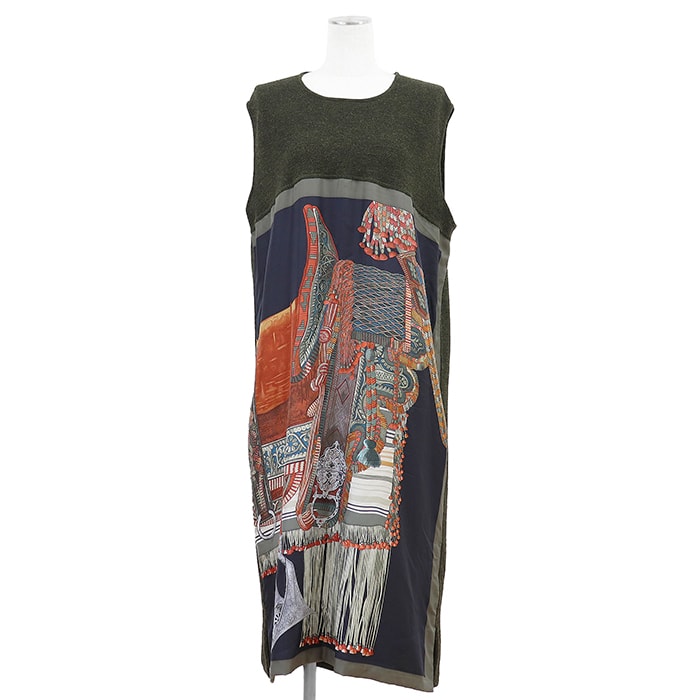 HERMES エルメス ワンピース サイズ 40 レディース ツイルレーヌ Selle d'Apparat Marocaine モロッコの盛装鞍 アルパカ × シルク ノースリーブ ドレス ダークグリーン 緑 フランス製