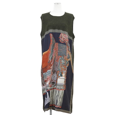 HERMES エルメス ワンピース サイズ 40 レディース ツイルレーヌ Selle d'Apparat Marocaine モロッコの盛装鞍 アルパカ × シルク ノースリーブ ドレス ダークグリーン 緑 フランス製