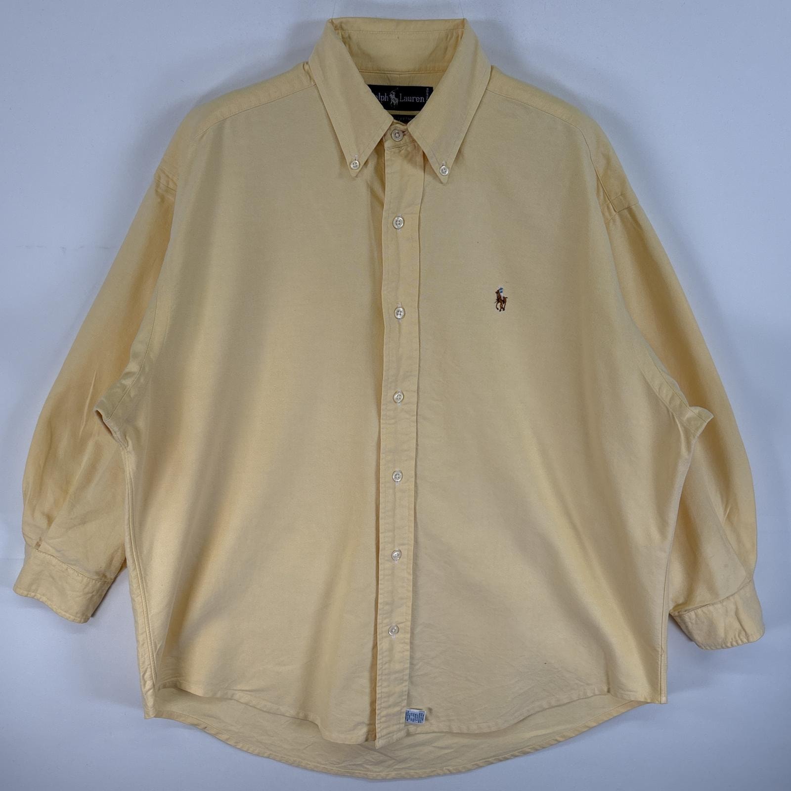 古着 90's/90年代 ラルフローレン RALPH LAUREN 長袖シャツ ボタンダウンシャツ ロゴ 刺繍 カラーシャツ S イエロー 無地 メンズ
