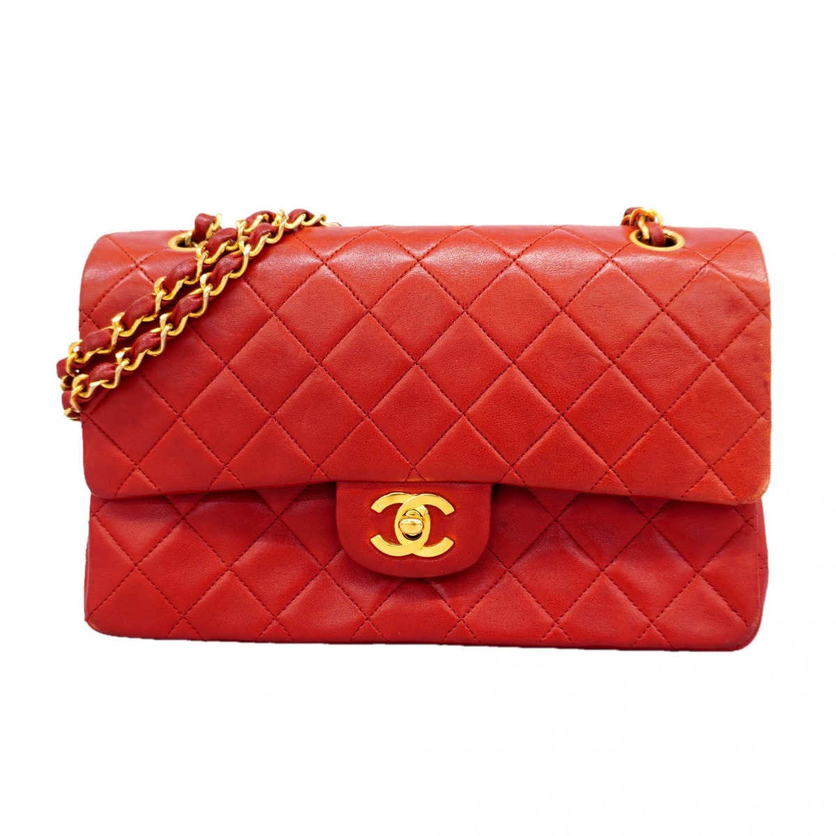 【6gd4746-k】シャネル ショルダーバッグ マトラッセ Wフラップ Wチェーン ラムスキン レッド ゴールド金具【中古】レディース