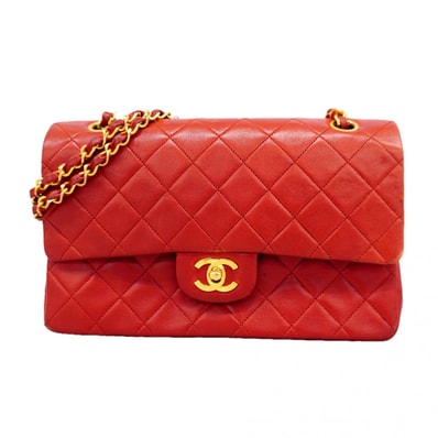【6gd4746-k】シャネル ショルダーバッグ マトラッセ Wフラップ Wチェーン ラムスキン レッド ゴールド金具【中古】レディース