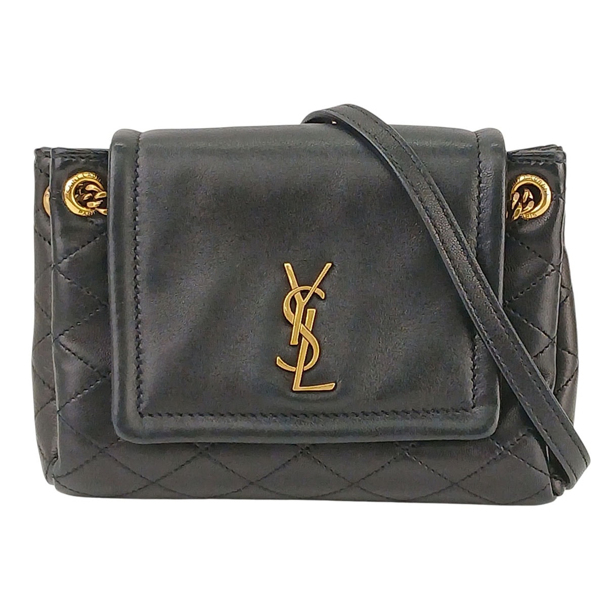 YVES SAINT LAURENT イヴ・サンローラン ミニ ノリータ チェーンショルダーバッグ ショルダーバッグ 672738 ラムスキン ブラック ゴールド レディース【中古】
