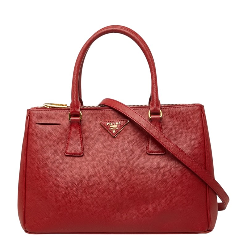 プラダ 三角ロゴプレート サフィアーノ ガレリア ハンドバッグ 2WAY ショルダーバッグ レッド レザー レディース PRADA 中古
