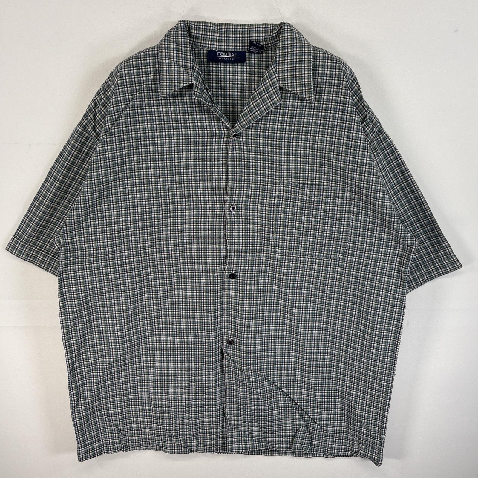 古着 90's/90年代 ノーティカ NAUTICA 半袖シャツ パジャマシャツ 胸ポケ オープンカラー L  グリーン系 チェック メンズ