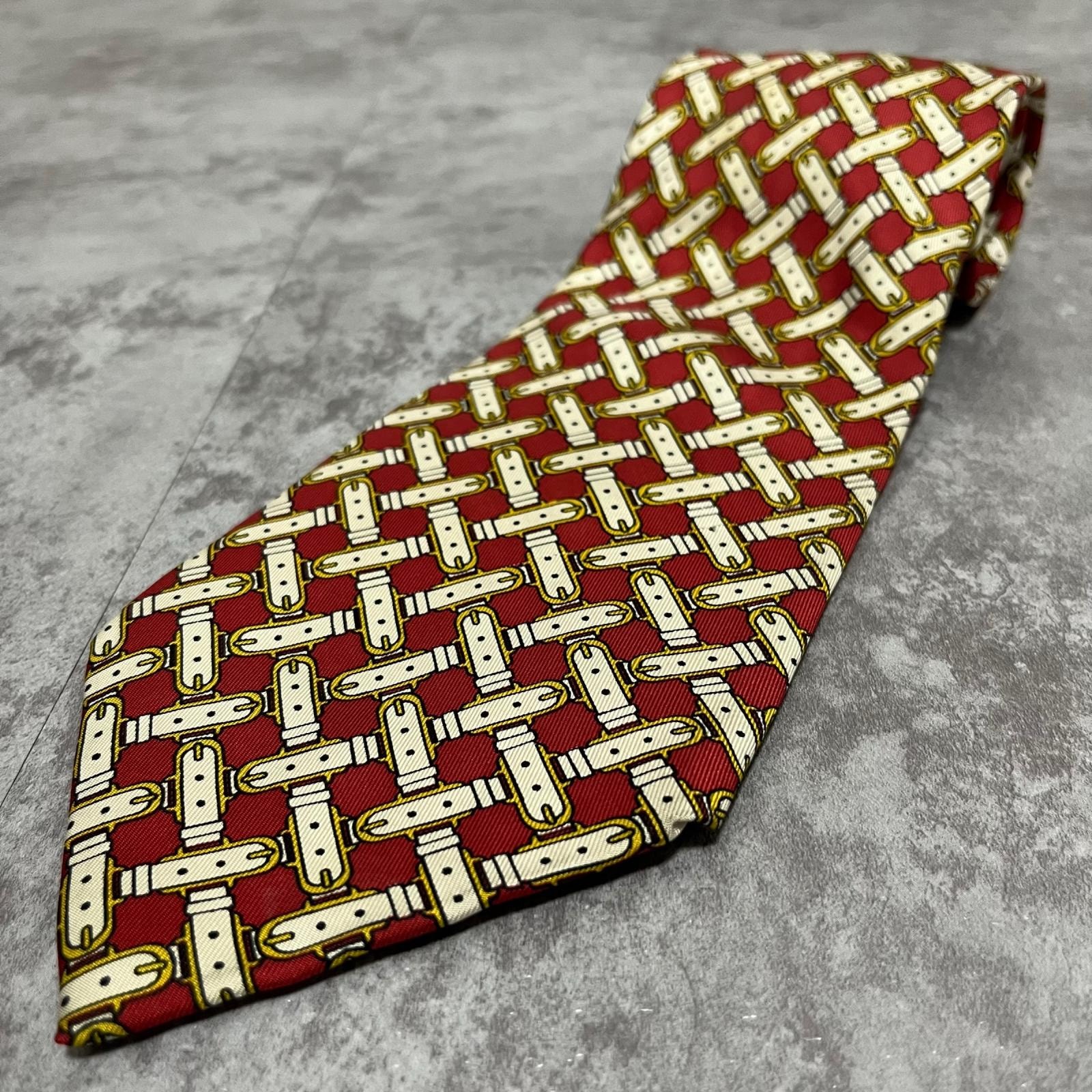 【HERMES】エルメス ネクタイ ベルト 馬具 ストラップ 編み込み 格子柄 総柄 レッド ホワイト ゴールド フランス製 メンズ ヴィンテージ