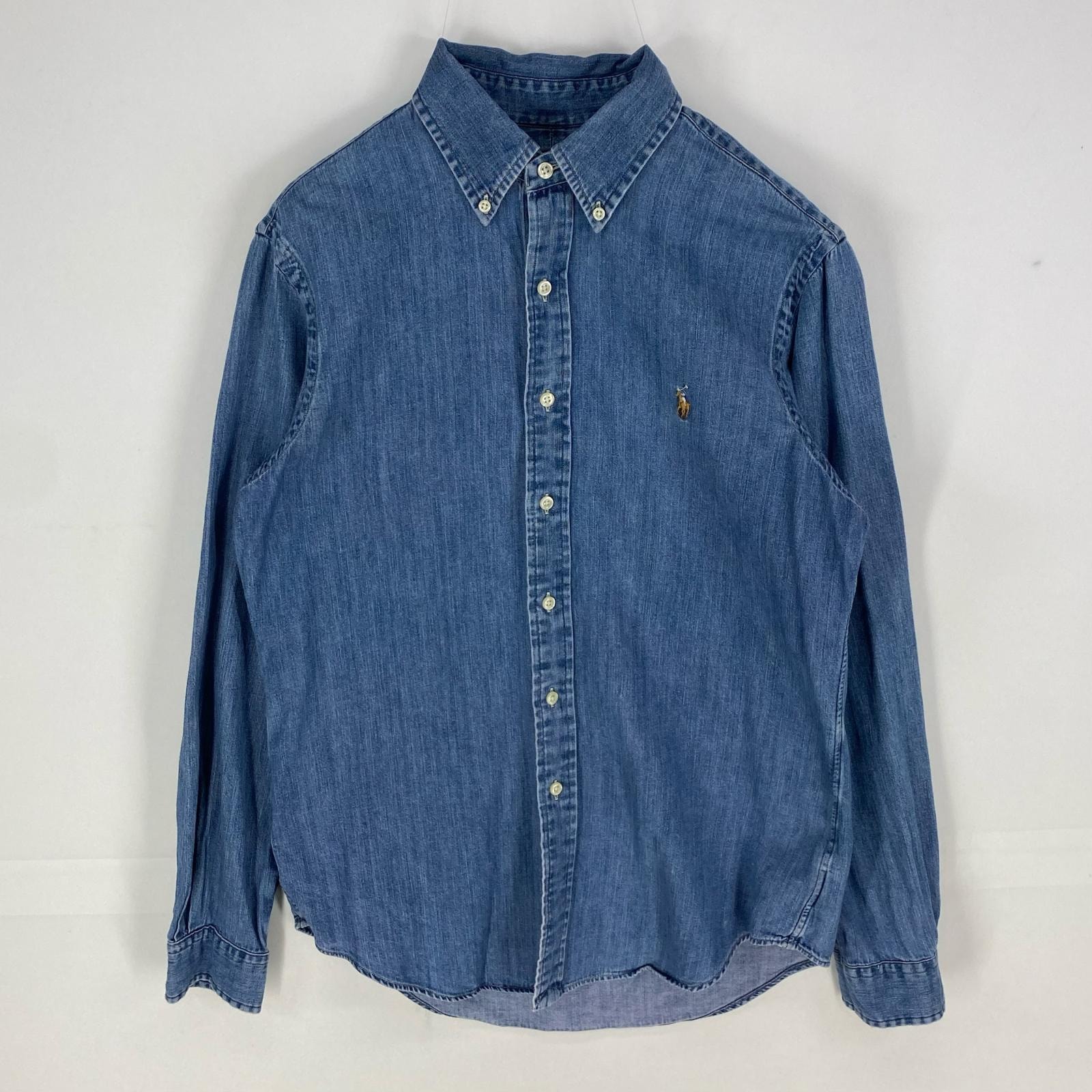 古着 ラルフローレン RALPH LAUREN デニム 長袖シャツ ワンポイント 刺繍ロゴ ボタンダウン ロングスリーブ S ブルー系 メンズ