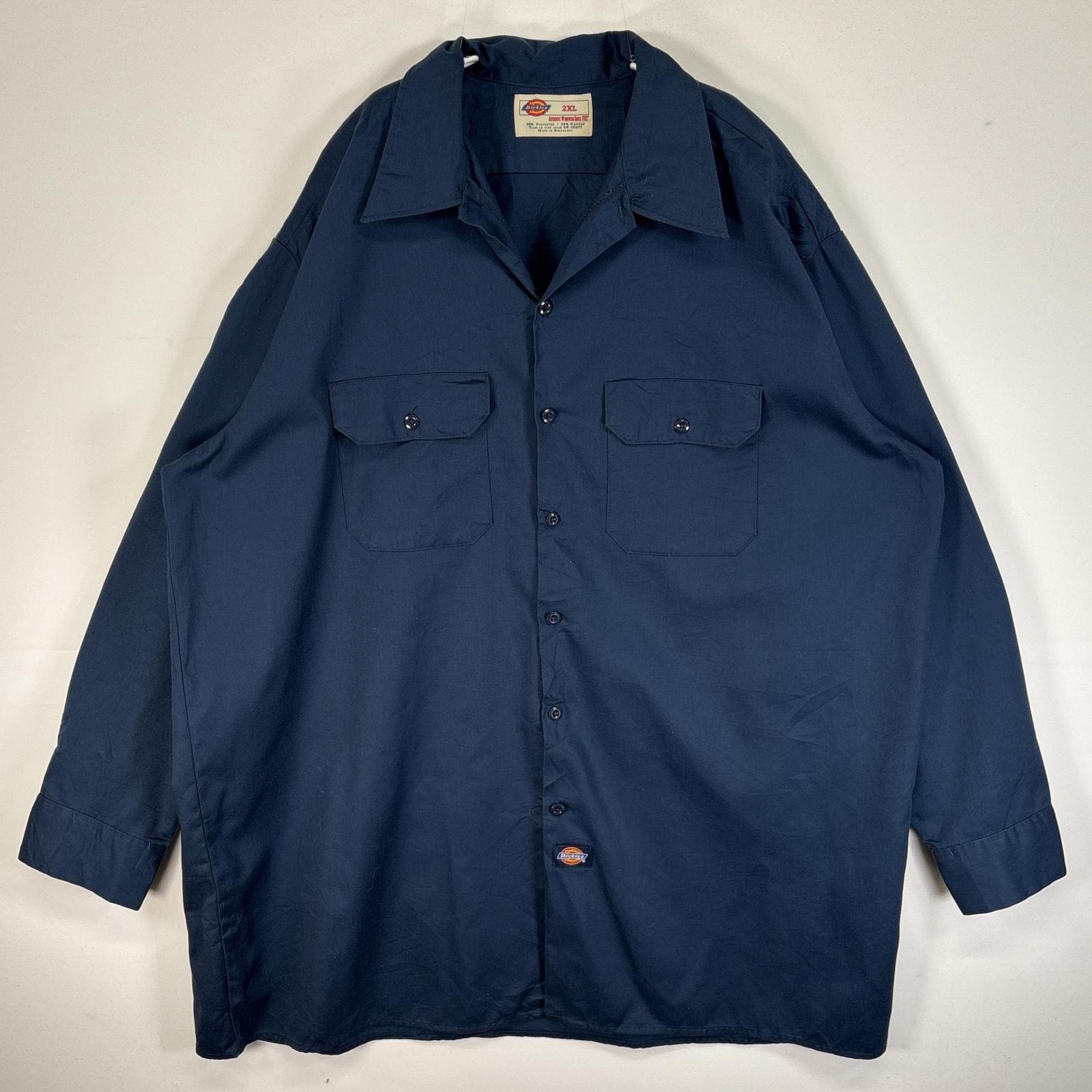古着 ディッキーズ Dickies 長袖シャツ ワーク 作業着 フラップポケ 大きいサイズ ワンポイント ロゴ 2XL  ネイビー 無地 メンズ