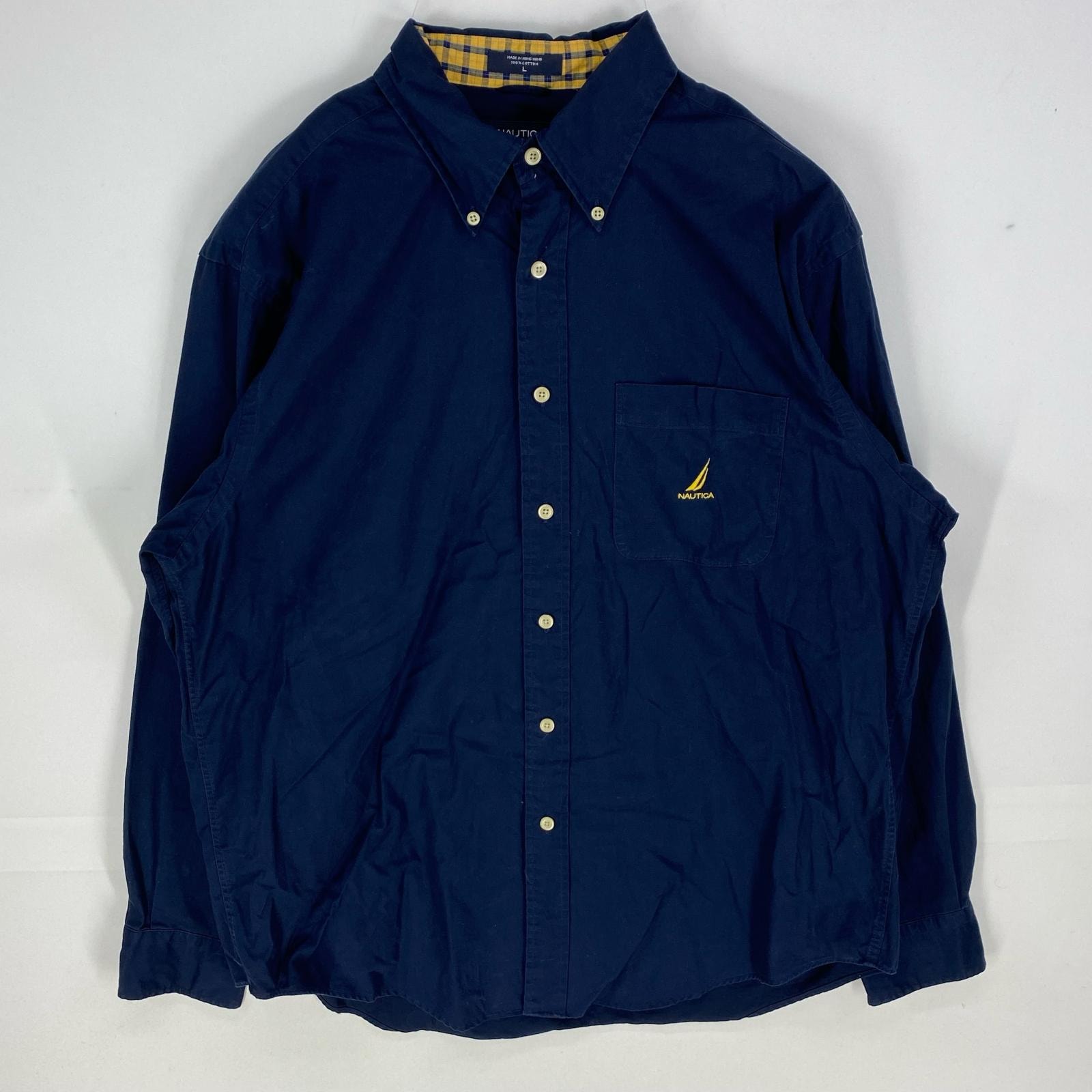古着 ノーティカ NAUTICA 長袖シャツ 胸ポケット ワンポイント ロゴ刺繍 ボタンダウン ロングスリーブ L  ネイビー系 メンズ