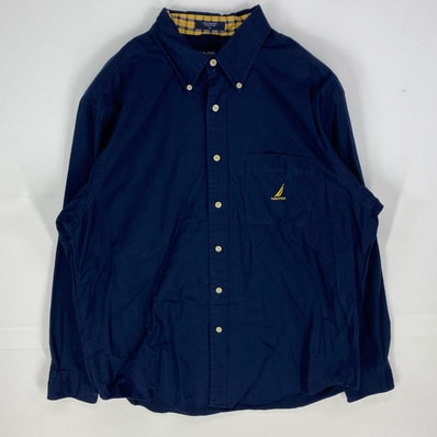 古着 ノーティカ NAUTICA 長袖シャツ 胸ポケット ワンポイント ロゴ刺繍 ボタンダウン ロングスリーブ L ネイビー系 メンズ