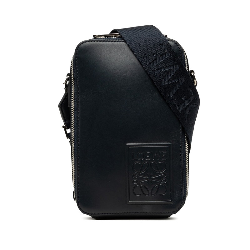 ロエベ アナグラム バーティカル クロスボディポケット 斜め掛け ショルダーバッグ ネイビー レザー レディース LOEWE 中古