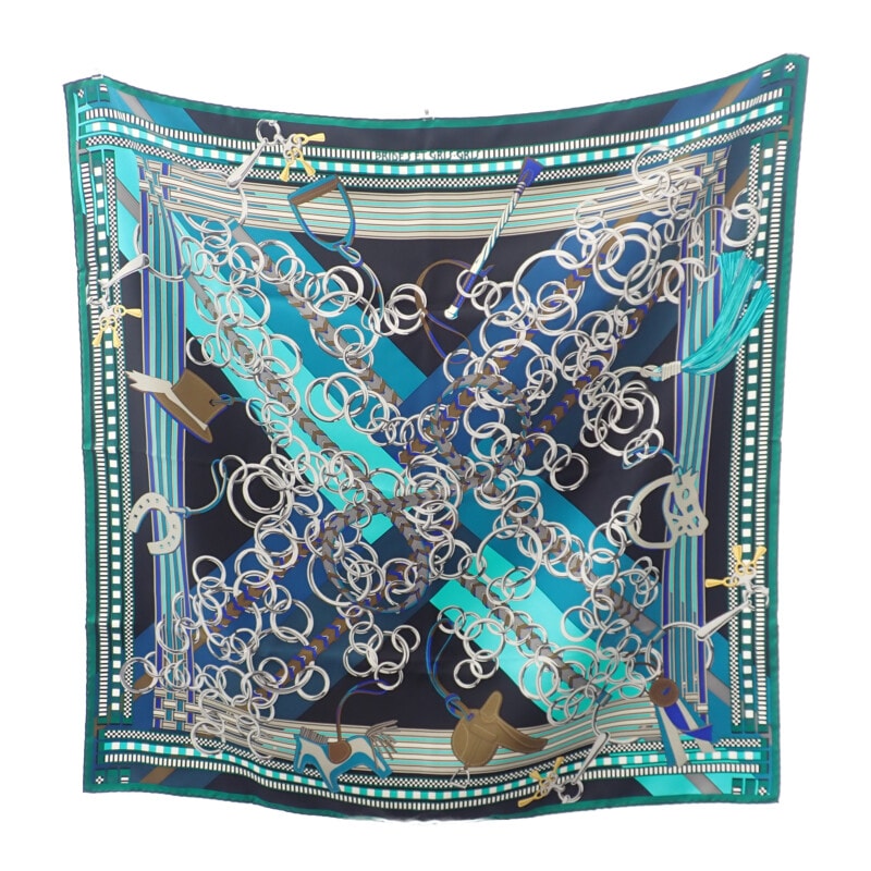 エルメス HERMES カレ90 馬勒とチャーム スカーフ シルク ブラック グリーン レディース【中古】【Aランク】