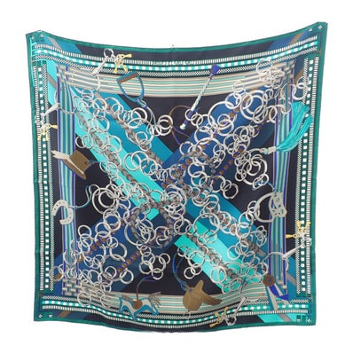 エルメス HERMES カレ90 馬勒とチャーム スカーフ シルク ブラック グリーン レディース【中古】【Aランク】