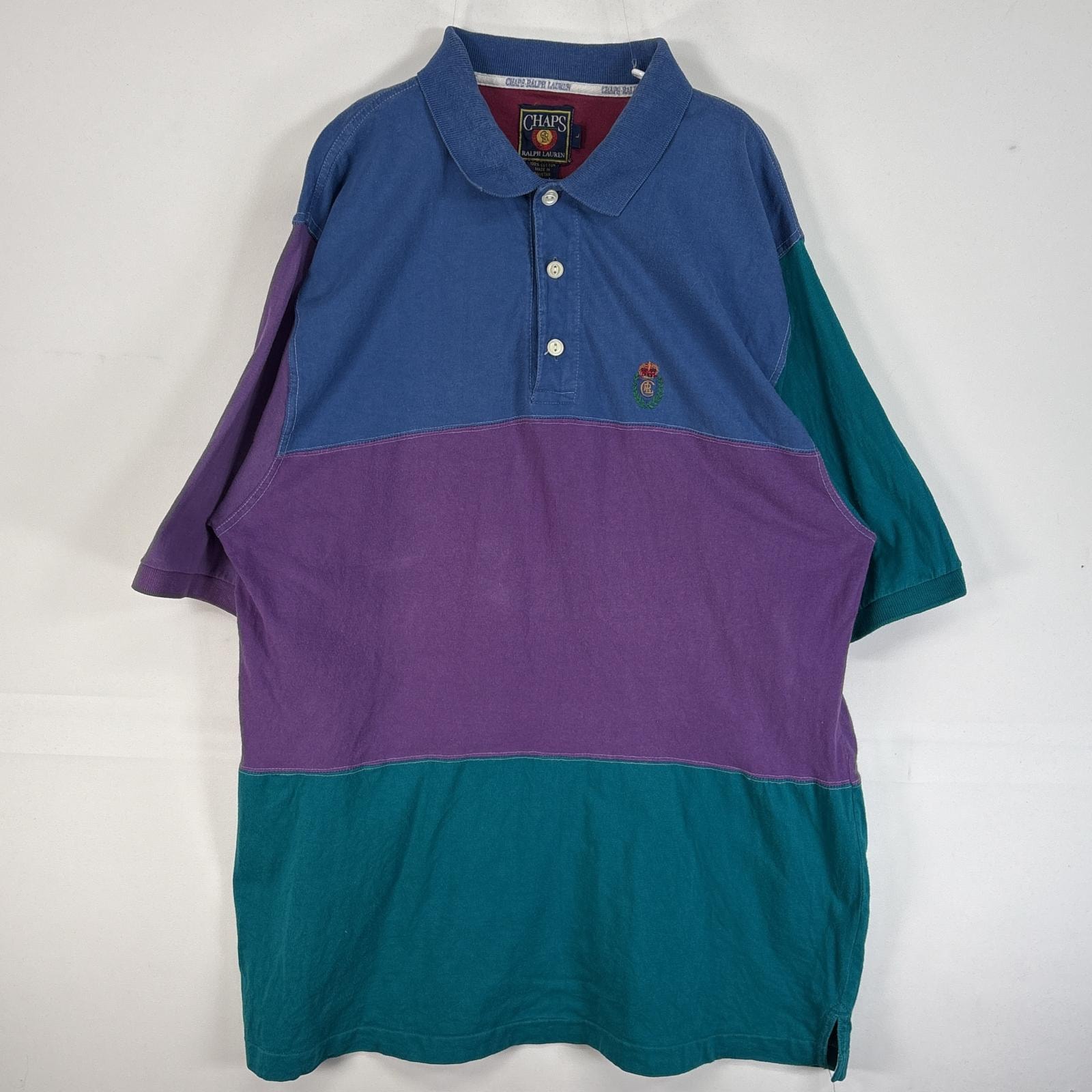 古着 80's/80年代 ヴィンテージ チャップスラルフローレン CHAPS RALPHLAUREN 半袖 ポロシャツ ロゴ 刺繍 3ボタン 猫目ボタン L  パープル マルチカラー メンズ