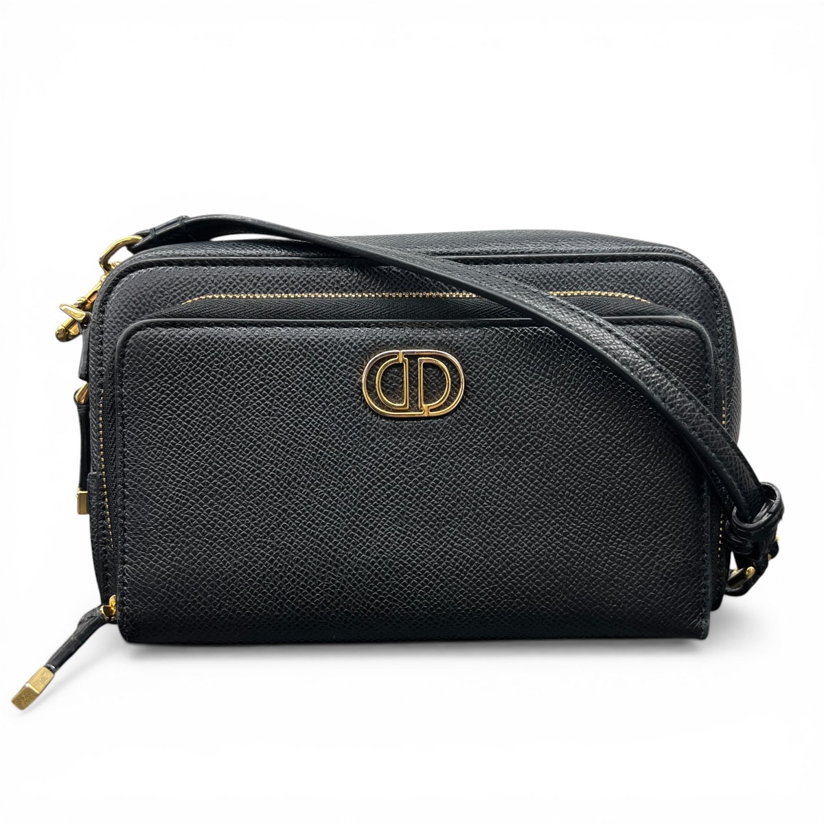 Christian Dior 美品 クリスチャン ディオール カロ ダブルポーチ ショルダーバッグ レザー ブラック クロスボディ ポシェット ミニバッグ CDロゴ ABランク 鑑定済 中古 ディオールバッグ