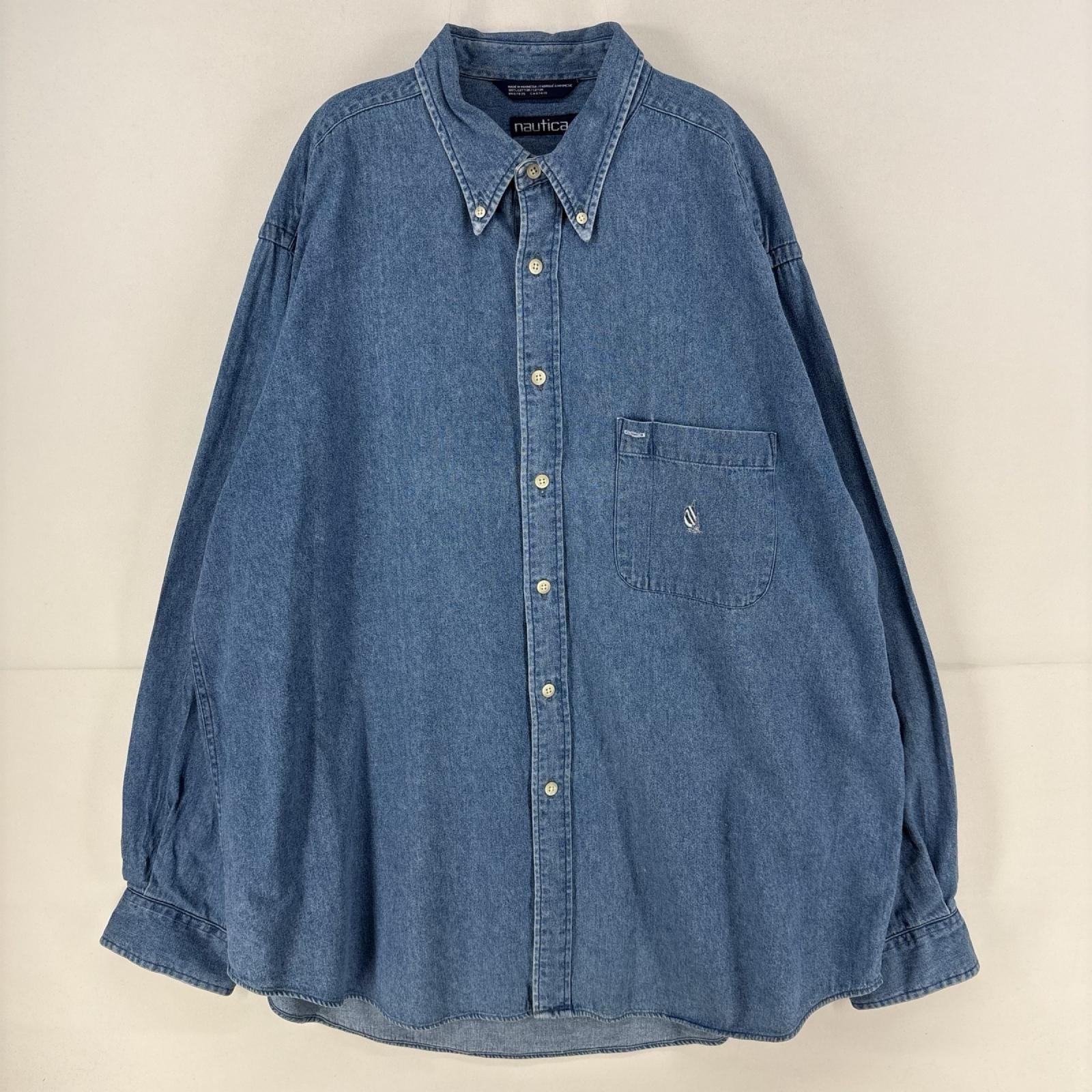 古着 90's/90年代 ノーティカ NAUTICA デニム 長袖シャツ ワンポイント ロゴ 刺繍 ボタンダウン 大きいサイズ 2XL  ブルー メンズ