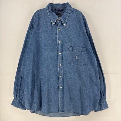 古着 90's/90年代 ノーティカ NAUTICA デニム 長袖シャツ ワンポイント ロゴ 刺繍 ボタンダウン 大きいサイズ 2XL ブルー メンズ