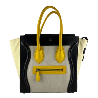 セリーヌ CELINE ハンドバッグ ラゲージ マイクロショッパー レザー/キャンバス ブラック/イエロー/クリーム レディース【中古】 z10446