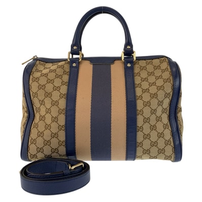 GUCCI グッチ シェリーライン ベージュ ブルー ゴールド金具 GGキャンバス レザー/ ハンドバッグ ボストンバッグ ショルダーバッグ 601379 【中古】