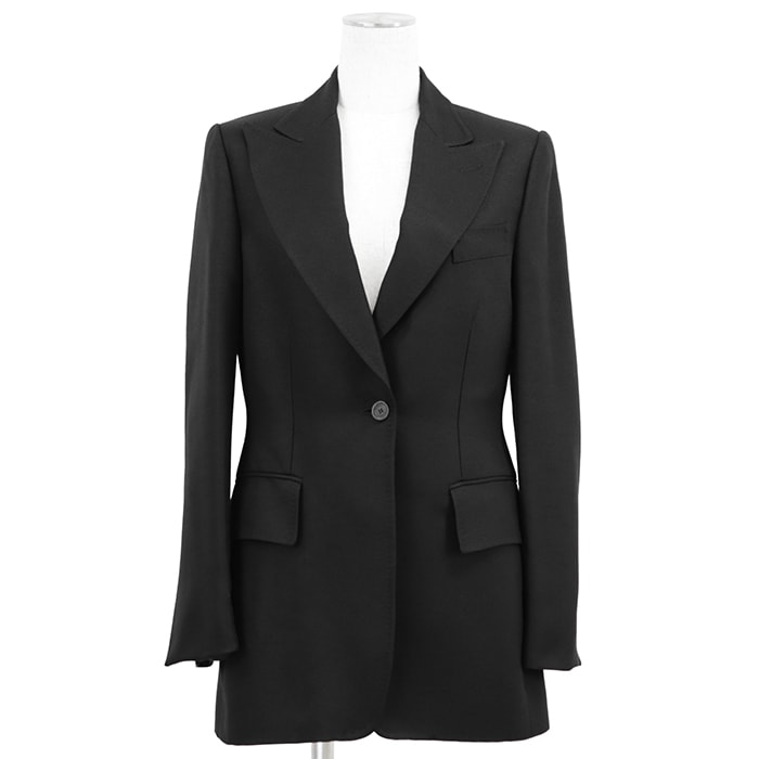【SALE】GUCCI グッチ テーラードジャケット サイズ 40 レディース ホップサック シルク100% ピークドラペル シグネチャー ロゴボタン 1B サイドベンツ アウター ブラック 黒 イタリア製