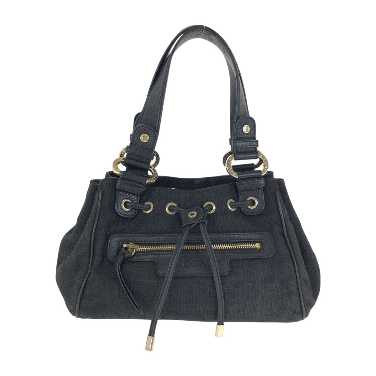 BVLGARI ブルガリ ロゴマニア ブラック 黒 ゴールド金具 キャンバス レザー/ ハンドバッグ 602582 【中古】